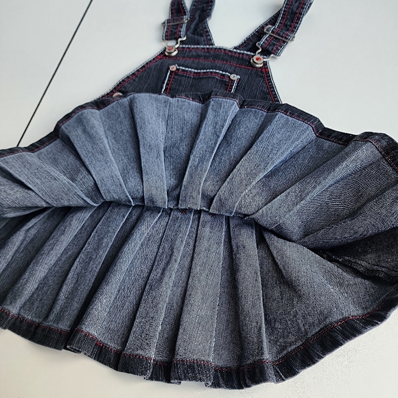 Dark Blue Denim Overalls with Pleated Skirt and Adjustable Straps - Picture 5 of 9
